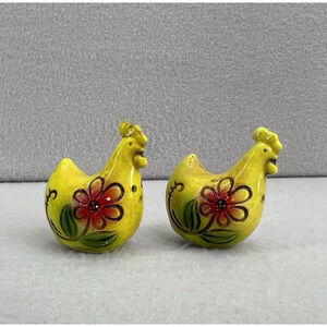 Yellow Chicken Salt Pepper Shakers Painted Flowers Farmhouse Kitchen Mini Decor
